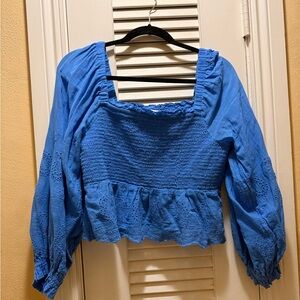 American Eagle Outfitters Blue Puff Sleeve Smocked Blouse